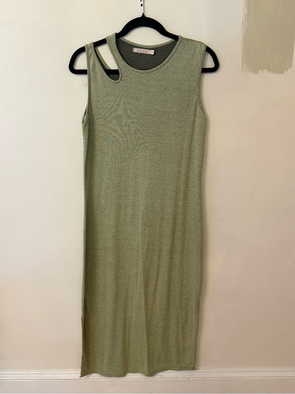 Sleeveless Olive Green Knit Midi Dress with Asymmetrical Strap